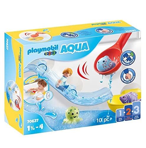Image of PLAYMOBIL 70637 1.2.3 AQUA Water Slide with Sea Animals, educational toy, indoor and outdoor water toy, exciting and fun water play, fun imaginative role-play, playset suitable for children ages 1.5+