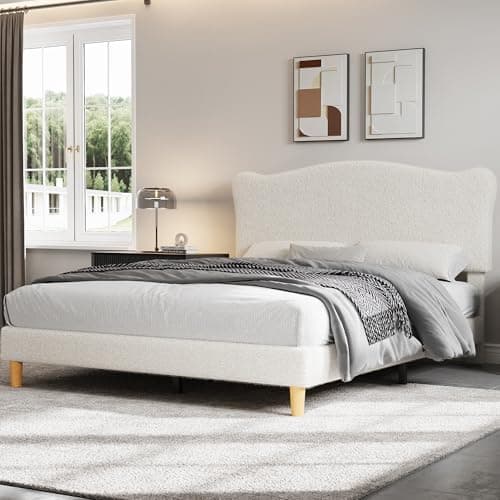 Image of Aptliton 4FT6 Double Bed Frame, Luxury Teddy Bouclé Upholstered Bed with 195cm Extra-Wide Grand Panel Headboard, Modern Sherpa Floor-Standing Bed Frame for Bedroom, Ivory White