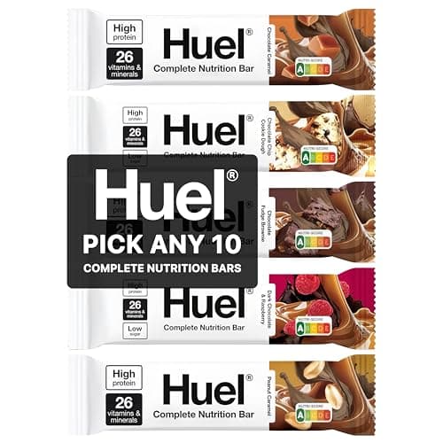 Image of HUEL Complete Nutrition Bars - 55g Bars - Pick any 10-5 Flavours to choose from - Choc Chip Cookie Dough, Dark Chocolate & Raspberry, Chocolate Fudge Brownie, Peanut Caramel and Chocolate Caramel