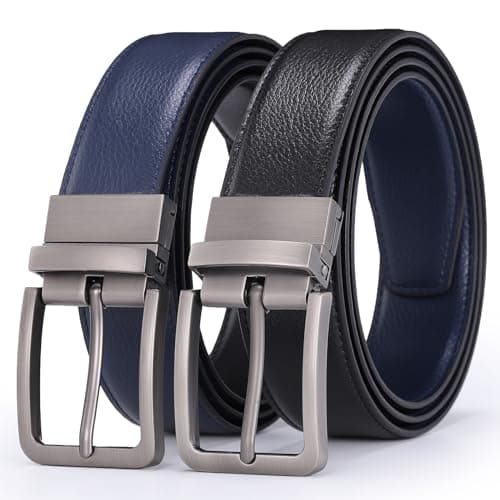 Image of Glamicci Reversible Genuine Leather Belt – 2-in-1 for Men & Women | Adjustable, Trim-to-Fit | 33-34mm (1.3") Wide | Black/Blue | Large Fits Up to 40” Waist