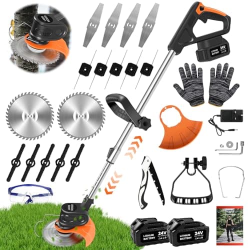 Image of Cordless Strimmer, 24V Electric Grass Trimmers with 6x Metal Blades & 10x Plastic Blades, Telescopic Garden Strimmer with 2X 4000mAh Batteries, Battery Strimmer Grass Cutter for Garden Lawn Shrubs