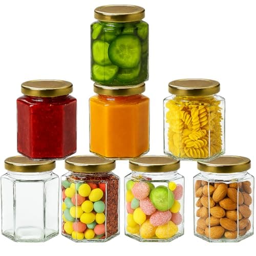 Image of Offer Shop 190ml Hexagonal Glass Jam Jars with Lid - Pack of 8 Airtight Preserving Glass Jars for Jam, Yogurt, Pickle- 8 Set jars