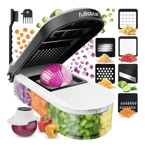 Image of Fullstar Vegetable Chopper & Mandoline Slicer - Julienne Cutter Dicer Grater for Food Veg Onion Cucumber Tomato Salad Potato Cheese - Kitchen Gadgets & Accessories (Compact 6-in-1, White)