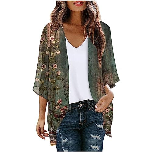 Image of Women's Kimono Cardigan Bohemian Floral Print Beach Cover-Up Ladies 3/4 Sleeve Chiffon Classic Comfy Elegant Lightweight Summer Beach Tops Loose Fit Lounge Cover Ups