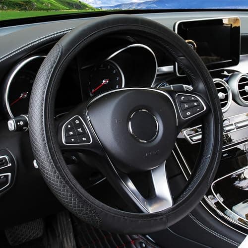 Image of Black Car Steering Wheel Cover, Microfiber Leather Material, No Inner Ring, Protector for Universal Steering Wheel 37-38cm