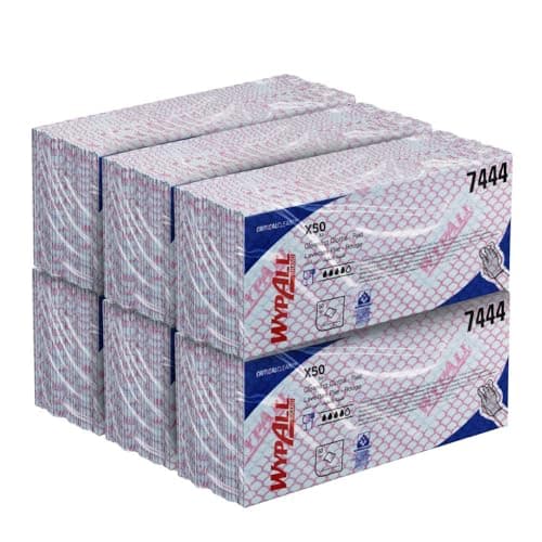 Image of WypAll Cleaning Cloths, Red Colour Coded Wipes, Food Contact Approved, 1 Ply – Durable and Absorbent, for Workplace Hygiene, 6 Packs x 50 (300 Total), Model Nr. 7444