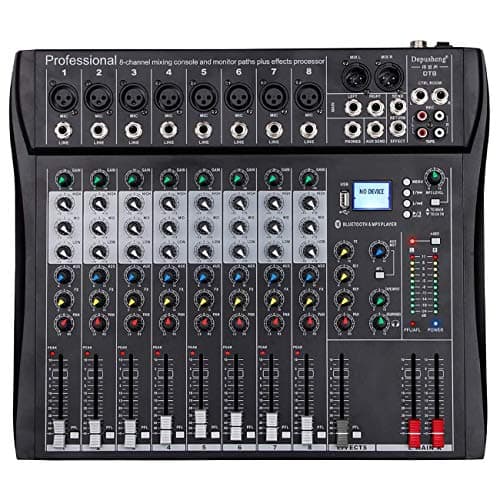 Image of Depusheng DT8 Professional Mixer Sound Board Console 8 Channel Desk System Interface Digital USB Computer MP3 Input 48V Phantom Power Stereo DJ Studio FX Steel Chassis,Black