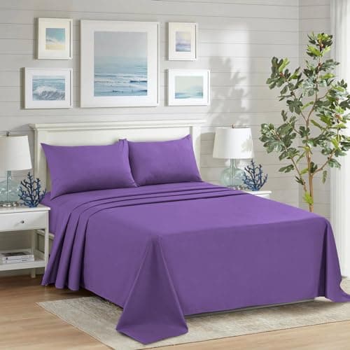 Image of HADI LONDON Polycotton Flat Sheets for Single Double King Size Bed Softest Anti Wrinkle Non-Iron Plain Dyed Top Sheet with 200 Thread Count Ideal for Winter & Summer Bedding (Purple, Single)