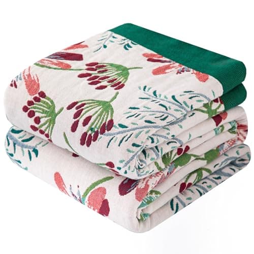 Image of Dormilin Bohemian Throw Blanket for Sofa 150x200cm, 100% Organic Cotton Woven Picnic Blanket for Bed Couch 2-3 Seater, Soft Muslin Quilt with Floral Jacquard, Double-sided Bedspread Throws Green/White