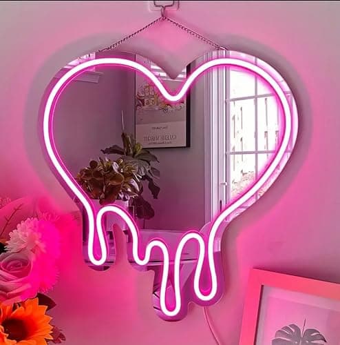 Image of DAKABUKA Heart Neon Sign Pink Heart-Melting Neon Light Mirror LED Decorative Wall Mirror Sign for Bedroom and Girl's Room Party Studio Shop Decor Birthday Gift(38x39cm)