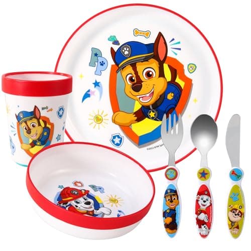 Image of Kids 6 Piece Reusable Dinner Set - Plate/Bowl/Cup/Knife/Fork/Spoon - Childrens Dinnerware Tableware Cutlery Set (Paw Patrol)