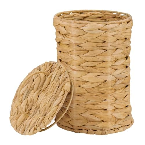 Image of SUNNYNEST Wicker Waste Paper Bin 19 * 28.5cm Trash Can Woven Wicker Waste Basket with Lid,Bohemian Basket,Durable Natural Fiber Bin for Bedroom Office Laundry Storage