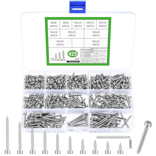 Image of 425 Pcs M3 Hex Head Self Tapping Screws, Stainless Steel Cylindrical Allen Hex Socket Head Cap Screws, Self-tapping Fasteners Assortment Kit for DIY Project Woodwork Metal (425, M3)