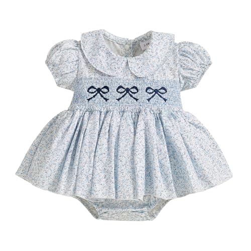 Image of Edhomenn Baby Girl Romper Dress Bow Print Puff Short Sleeve Jumpsuit with Cute Headband Set Casual Newborn Girls Clothes 2 Piece Outfits (04 Blue, 6-12 Months)