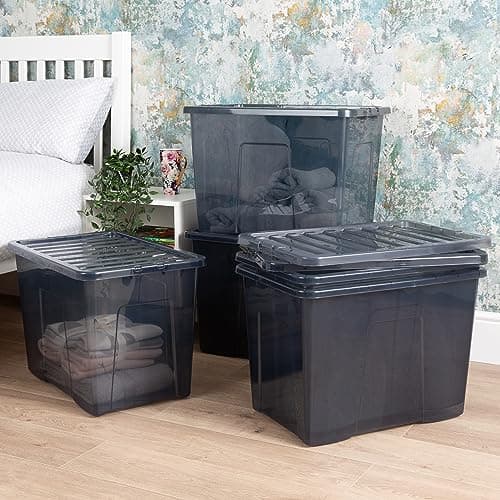 Image of Wham Crystal 5 x 80L Stackable Plastic Storage Boxes with Lids | Ideal for Home, Office, Toys & More | Large Boxes | Made in UK - Smoke