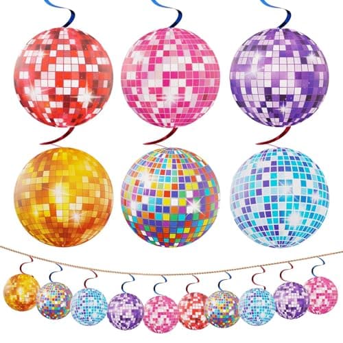Image of 18 Pieces 70s Silver Hanging Disco Balls Decor, DiscoBall Swirl Hangings, Disco Ball Straws & Hanging Streamers, Silver Ceiling Decorations for Birthday, Partying Fever & Party Supplies