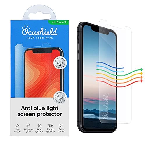 Image of Ocushield Anti Blue Light Screen Protector for iPhone 12 Regular | Pro (6.1") - 9H Tempered Glass Filter Blocks UV & Blue Light, Anti-Bacterial, Designed by UK Optometrists
