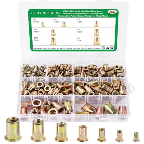 Image of 260-Piece Metric Rivet Nut Kit, M3 M4 M5 M6 M8 M10 M12 Zinc Plated Carbon Steel Threaded Inserts Nutsert Rivet Nut Assortment Kit,Flat Head Knurled Body for Automotive,Furniture,Industrial &Electrical