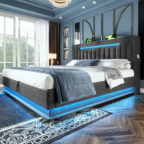 Image of 5ft King Size Bed Frame with Hydraulic Lift&LED Concealed Storage Headboard, Functional Upholstered Ottoman Bed with LED Lighting&USB Charging, Linen Gas Lift Storage Bed with Slat, No Mattress, Grey