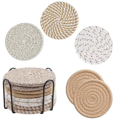 Image of 8 Pcs Coasters for Drinks,11cm Round Cotton Woven Drink Coaster with Holder,Absorbent Heat-Resistant Washable Cup Coaster Sets for Tabletop Protection,Home Decor, Kitchen, Living Room