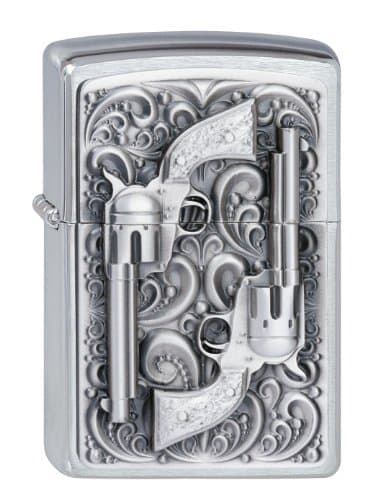 Image of Zippo Windproof Lighter - Revolver - Chrome Brushed, Emblem - Refillable for Lifetime Use - Adjustable Flame - Gift Box - Metal Construction - Made in USA