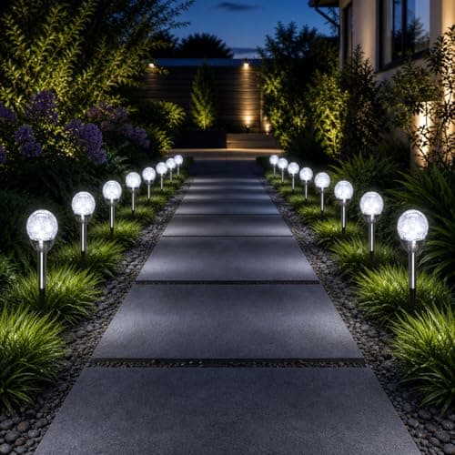 Image of Fabulouz Solar Garden Lights Outdoor, 9/18 Pack Crackle Glass Ball Stake Lights, 8cm White LED Globe, 35cm Garden Solar Lights with Auto On/Off, Rechargeable Batteries Included (18)