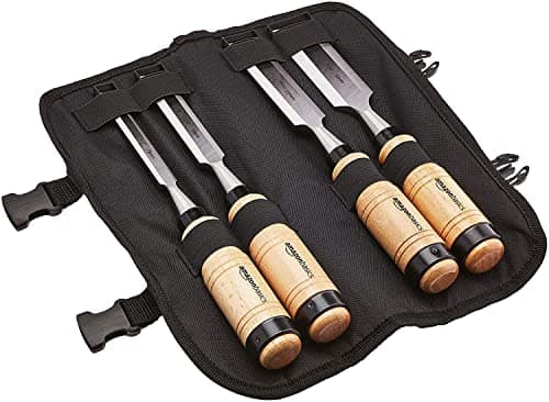 Image of Amazon Basics - 4-Piece Sturdy Chrome Vanadium Steel Woodworking Wood Chisel Set – 1/2 inch (13mm) to 1-1/4 inch (32mm), Wooden Handles with Carry Pouch