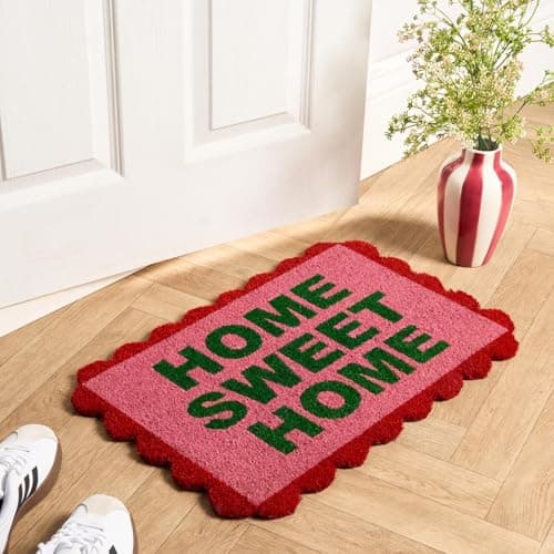 Image of OHS Coir Front Door Mat Welcome Print, Stylish Scallop Edge Non-Slippery Heavy Duty Washable Door Mats Outdoor & Indoor Perfect for Dirt Trapping, Bright Pink - 40 x 60cm