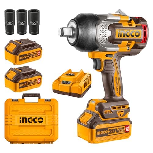 Image of Ingco 3/4 Inch High Torque Impact Wrench 1350NM, 20V Brushless Motor, Max Speed 1800RPM Battery Impact Gun with 2Pcs 5.0Ah Battery and 1Pcs Charger, with 3 Sockets for Truck, Car, Home CIWLI20135