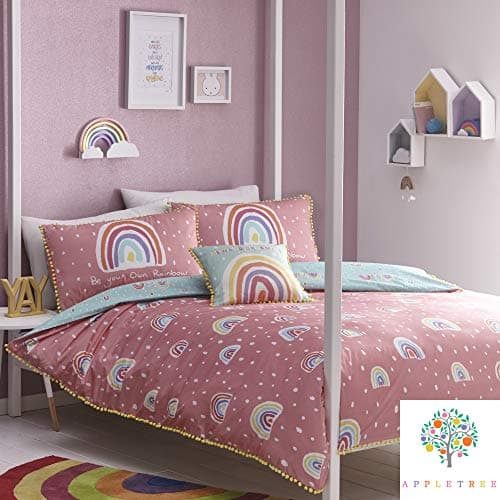 Image of Appletree Rainbow Pom-Duvet Cover Set, 100% Cotton, Pink, Single