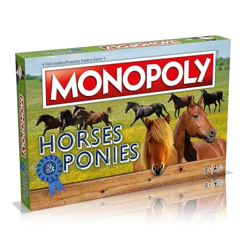 Image of Winning Moves Horses and Ponies Monopoly Board Game, Pick your bespoke equestrian token, advance to Pasa Fino, Appaloosa or Friesian, 2 plus player family game for ages 8 plus