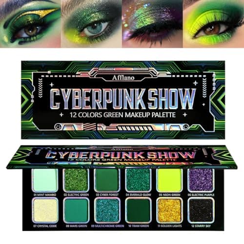 Image of Afflano Multichrome Green Eyeshadow Palette Pressed Pigments, Color-Shifting Emerald Green Glitter Eyeshadow Palette, Yellow Purple Viridian Lime Teal Blue Chrome Eye Shadow for Goth Daily Eye Makeup