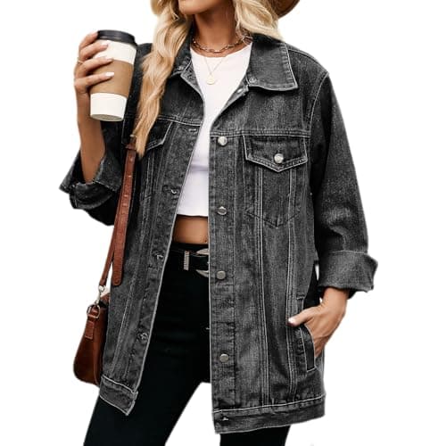 Image of sandbank Womens Oversized Denim Jacket Button Down Casual Loose Long Sleeve Distressed Trucker Jackets Mid Long Jean Coat