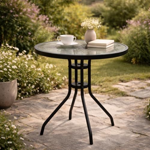 Image of Emirates Living Round Glass Garden Table – Tempered Glass Top Patio Bistro Table with Sturdy Metal Frame, Weather Resistant Outdoor Table for Balcony, Garden, Patio & Indoor Use- Black