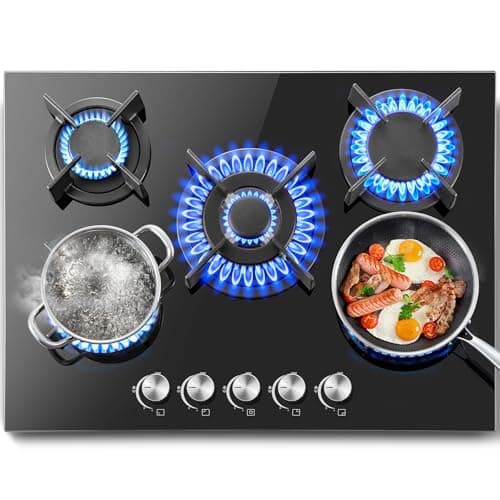 Image of SNDOAS Gas Hob 5 Burners, NG/LPG Convertible, Built-in Black Glass Gas Hob 70cm, Flame Failure Protection, 10400W
