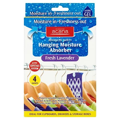 Image of Acana Advanced Safety Hanging Moisture Absorber Traps Fresh Lavender (Pack of 4) - Dehumidifier for Damp, Mould - Moisture in your Home, Wardrobes, Bedroom, Caravan, Bathroom, Garage, Office