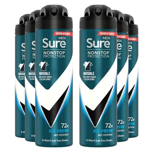 Image of Sure Antiperspirant 72H Nonstop Sweat and Odour Protection Alcohol-Free Body Spray Anti-White Marks with Fresh and Sporty Scent Multi Fragrance Deodorant for Men, 150ml Pack of 6 (Ice Fresh)