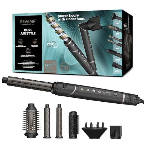 Image of REVAMP Curl Air Style 7 in 1 Ionic Hot Air Styler – Hair Dryer Brush with Digital Brushless Motor, 6 Styling Attachments - Curl Wrap Barrels, Paddle Brush, Concentrator, Diffuser, Storage Bag