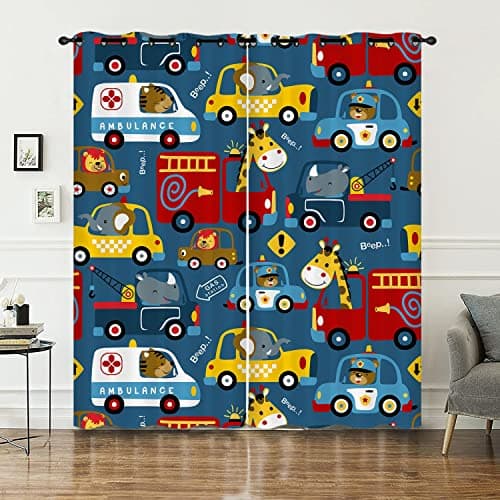 Image of HOSIMA Curtains Blackout Eyelet for Boys and Girls Soft Breathable Animals Cars Print Curtains 2-piece Set Suitable for Young People's Bedroom Living Room Decoration(Animals Cars,117x137)