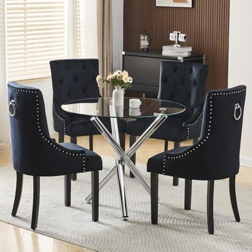 Image of BonChoice Modern Round Glass Dining Table and Chairs Set 4, 5 Piece Round Dining Room Table Set, Glass Table with Knocker Dining Chairs Space Saving (5Pcs:Table+4 Black Knocker Chair)