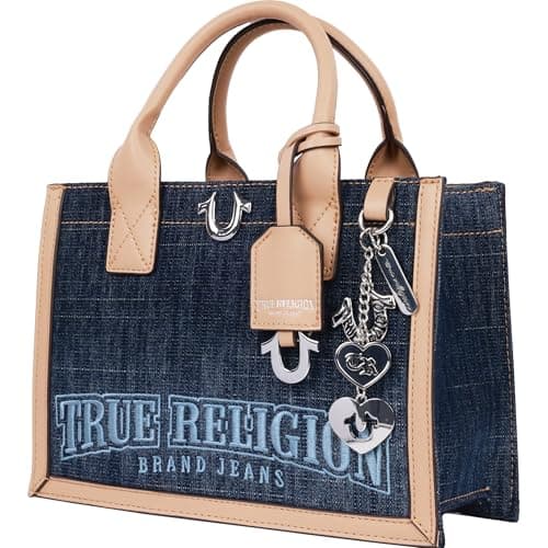 Image of True Religion Denim Tote Bag, Bombe Logo Shoulder Carryall with Horseshoe Hardware and Strap Hand Bag, Dark Denim