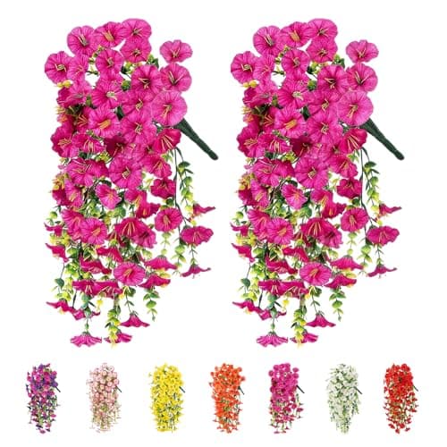 Image of 2Pcs Artificial Hanging Flowers Outdoor, Fake Trailing Plants Morning Glory Decoration UV-Resistant for Hanging Baskets - Spring Decor Garden Porch Wedding, Drooping Design for Pots & Patio (Rose red)