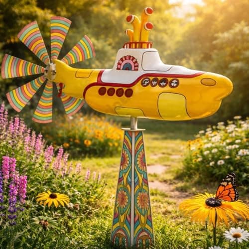Image of Yellow Submarine Wind Spinner, Submarine Wind Spinner Outdoor Garden Decor, Heavy Duty Metal Kinetic Windmill with Spin Blades, UV-Resistant Yard Spinner for Patio Porch Home Gardens