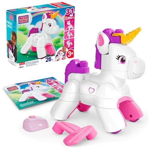 Image of MEGA BLOKS Toddler Block Toys Set, 3 in 1 Build & Enchant Unicorn with 26 Pieces, Puppy and Pegasus Rebuild, Kids Ages 3+ Years, JKG36