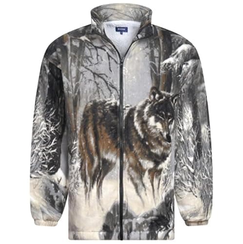 Image of U.S Trading Warm Winter Cosy Outdoor Fleece Wolf Print Jacket (UK, Alpha, XL, Regular, Regular, Grey No Hood)