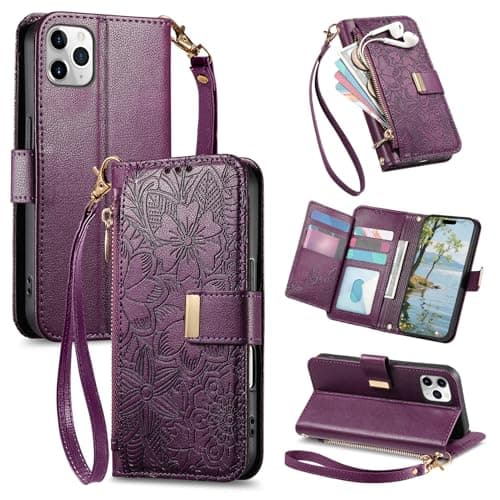 Image of VEEMOS Phone Case for Apple iPhone 11 Pro Max Case with Zip Wallet Purse Card Holder Slot Embossed Flower Design Folding Flip Cover Leather Stand Lanyard Wrist Strap Women - Purple