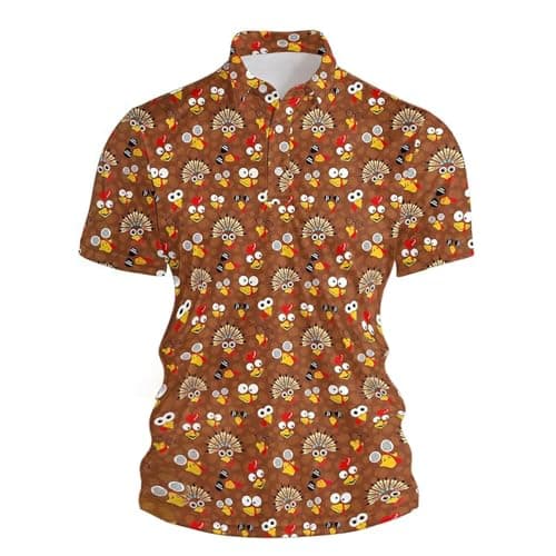 Image of Men's Polo Shirt with Funny Turkey Pattern - Short Sleeve Shirt with All-Over Print for Thanksgiving | Funny Top for Thanksgiving Celebration, style_t01 orange, XL
