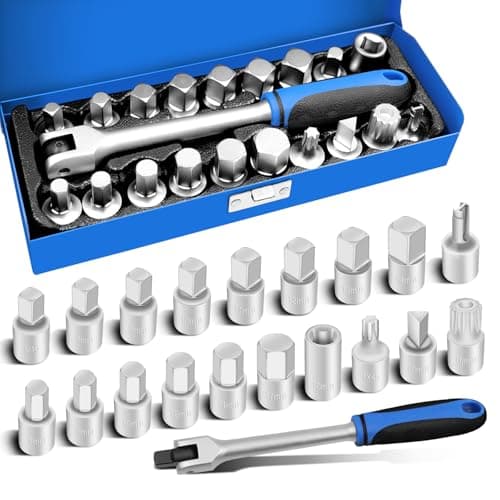 Image of JEUCLEL 20PCS 3/8" Drive Oil Drain Sump Plug Key Set, Gearbox Hex Square Triangle Torx Spline Socket Set, Engine Repair Mechanic Tool