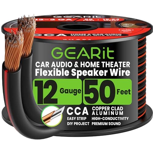 Image of GEARit 12 Gauge Speaker Cable 50ft, Flexible 2x4mm² Speaker Wire with Polarity Markings, 2-Conductor 12AWG CCA Audio Cable for In-Wall Home Theater, Car Audio Stereo, HiFi Surround Sound (Black)