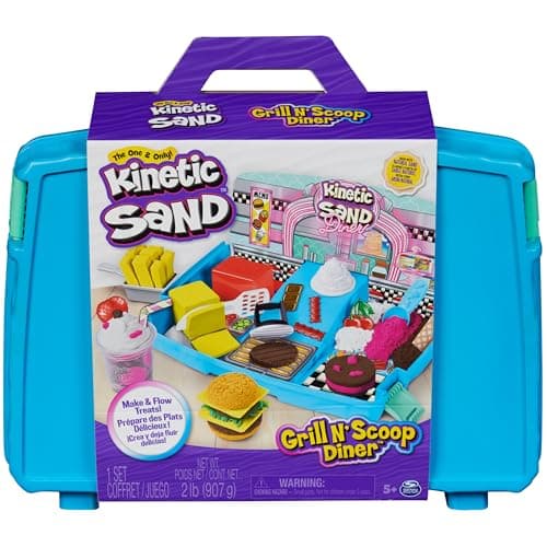 Image of Kinetic Sand Grill N’ Scoop Diner, 907g of Yellow, Pink, White, Brown and Green Play Sand, 27 Kitchen Tools, Folding Sandbox Storage, Sensory Toys for Kids Aged 5+